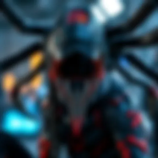 A person dressed as The Crawler, showcasing intricate costume details and dark colors, with a spider theme.