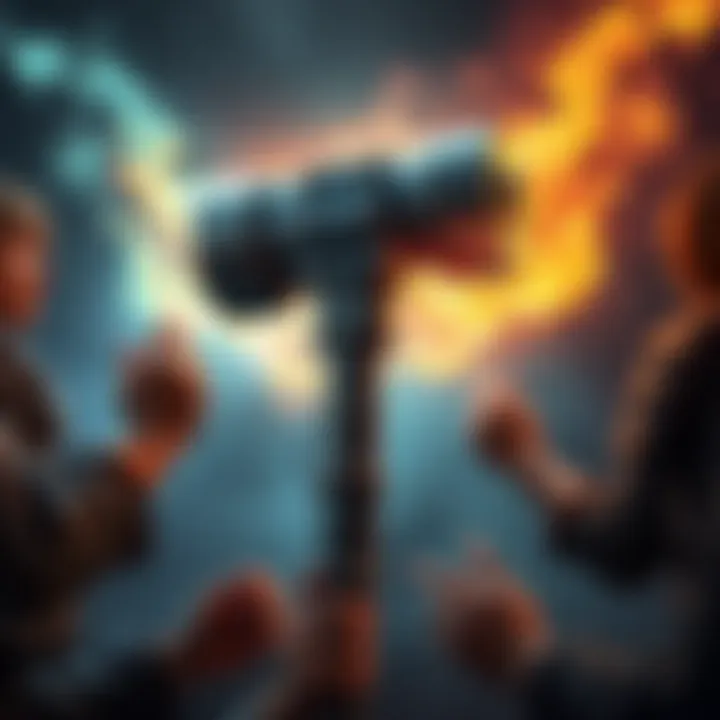 A sturdy hammer glowing with a magical aura, surrounded by individuals receiving boosts in strength and healing