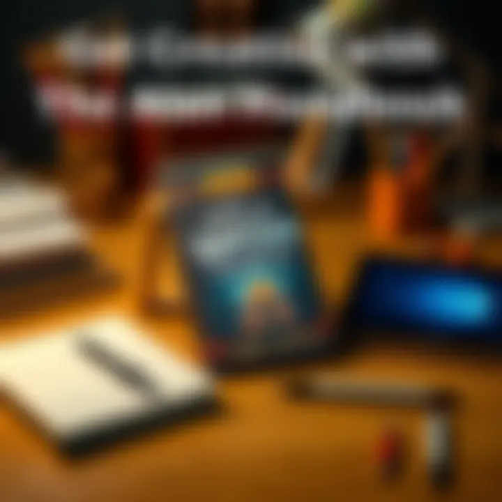 A creative workspace with a notebook, pen, and a digital device showcasing The Official Sayian Handbook cover. The setting inspires aspiring writers to engage in collaboration and creativity.