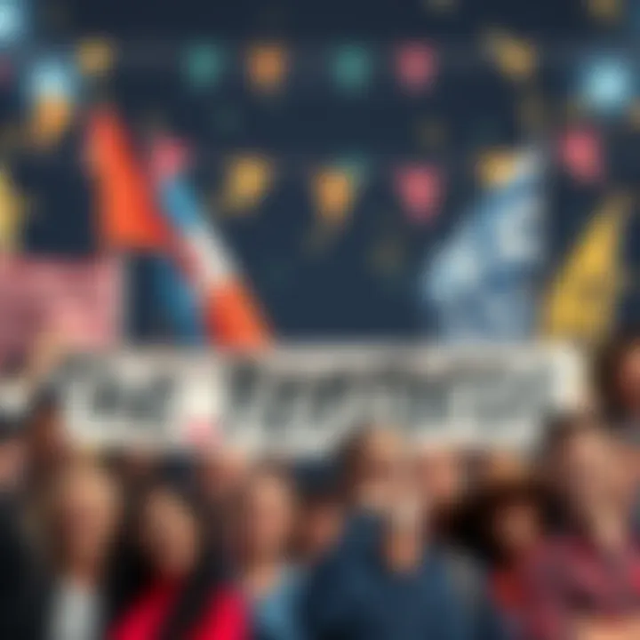 A group of diverse people celebrating the achievements of the Rentbros with banners and smiles, symbolizing their impact on society.