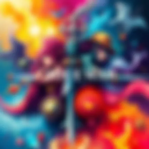 The Seven Deadly Sins Art A colorful illustration featuring symbols representing love, war, and fantasy from The Seven Deadly Sins story.