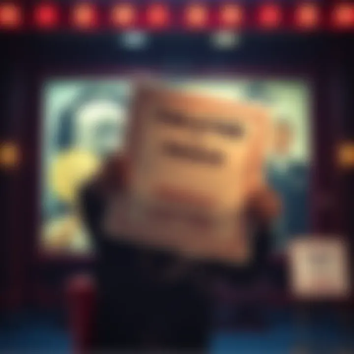 A theater employee holding a large, uncut promotional poster with cards still attached.