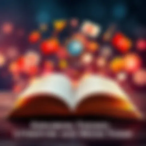 An open book with various media icons around it, symbolizing themes in literature and media today