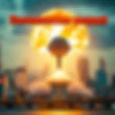 A conceptual illustration showing a thermonuclear bomb with a blurred cityscape background symbolizing modern concerns about nuclear arms.