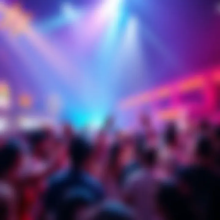 A vibrant crowd dancing and enjoying live music at This Event Rocks, with colorful lights and food stalls in the background.