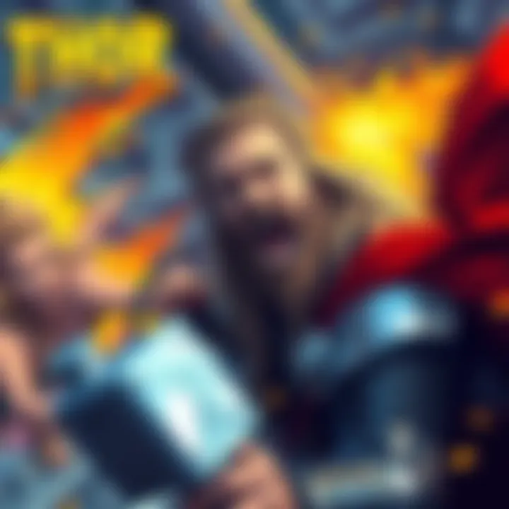Thor's Funny Reactions Thor showing a humorous reaction during an adventure, surrounded by vibrant comic-style illustrations and dynamic action.