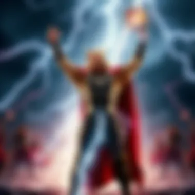 Thor standing dramatically with arms raised, calling down bolts of lightning, creating an electrifying entrance.
