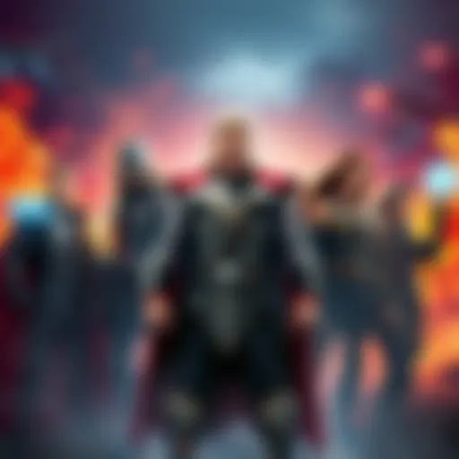 Thor stands confidently with his chosen team of heroes, each representing unique strengths, against a vibrant battle backdrop.