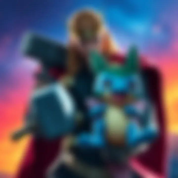 A depiction of Thor with his hammer alongside Tinkaton, a small fairy-like Pokémon with a hammer, set against a vibrant background.