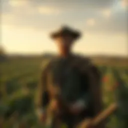 A rustic 11th-century farmer named Thorfinn stands in a field with a slight grimace, surrounded by crops. The scene contrasts the romanticized view of him with the reality of farm life.