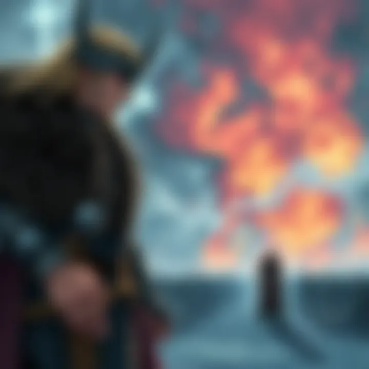 Thorfinn and Thors stand together, looking determined while facing a chaotic battlefield. The scene conveys tension and the struggle against ongoing violence.