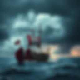 A Viking ship crewed by Thors heading into turbulent waters near Iceland, with dark clouds looming above.