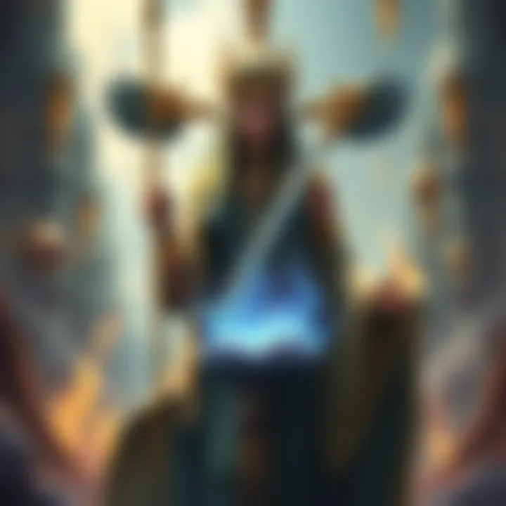 A depiction of Thoth, the Egyptian god, amidst a mystical backdrop related to Ragnarok, featuring symbols of knowledge and wisdom.