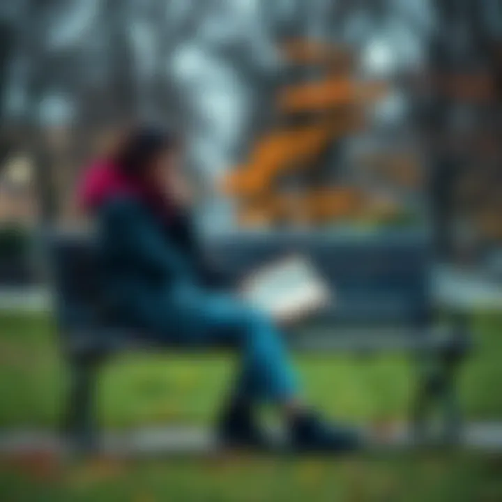 Thought-Provoking Question A person sitting on a park bench, deep in thought, with a notebook on their lap, symbolizing reflection and inquiry.