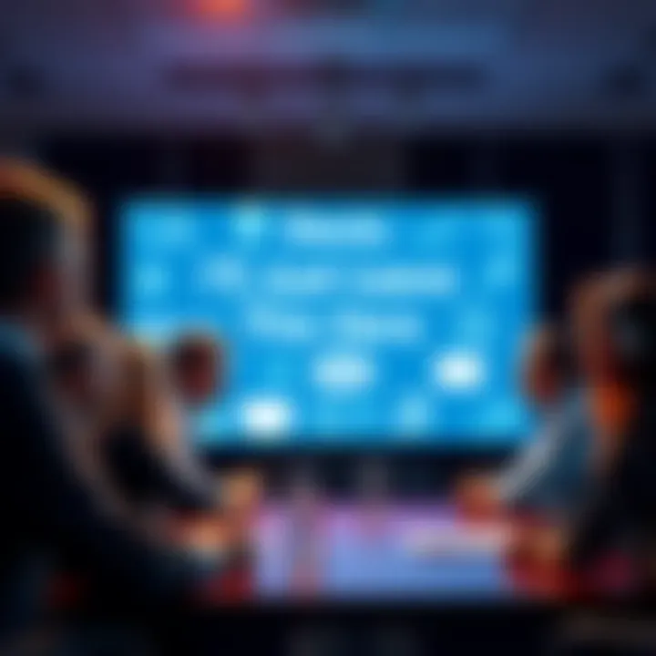 Thoughtful Discussion A group of people engaged in a lively discussion about current events, with various thought-provoking ideas displayed on a screen behind them.