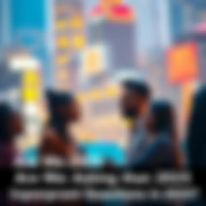 A group of diverse people engaged in a thoughtful discussion, sharing ideas about important societal questions, with a backdrop of modern city life.