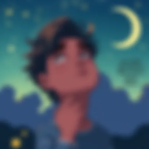 A character with a contemplative expression, gazing at the night sky with stars and a crescent moon, symbolizing reflection and cultural exploration.