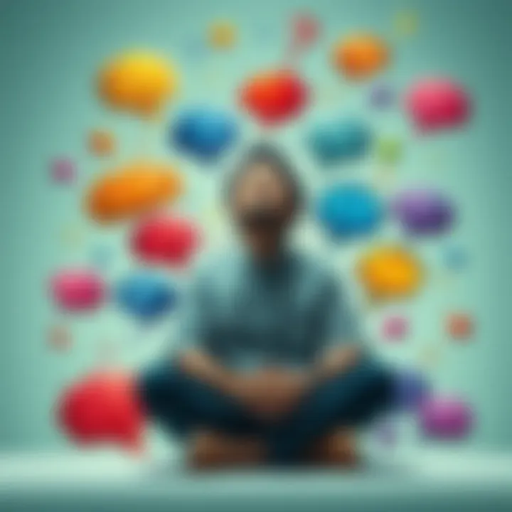 A person sitting with closed eyes, surrounded by colorful thought bubbles representing various ideas and perceptions, contemplating between reality and imagination.