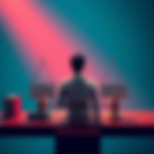 A person sitting at a desk, weighing two scales labeled 'Parallel Thinking' and 'Overthinking', representing decision-making processes.