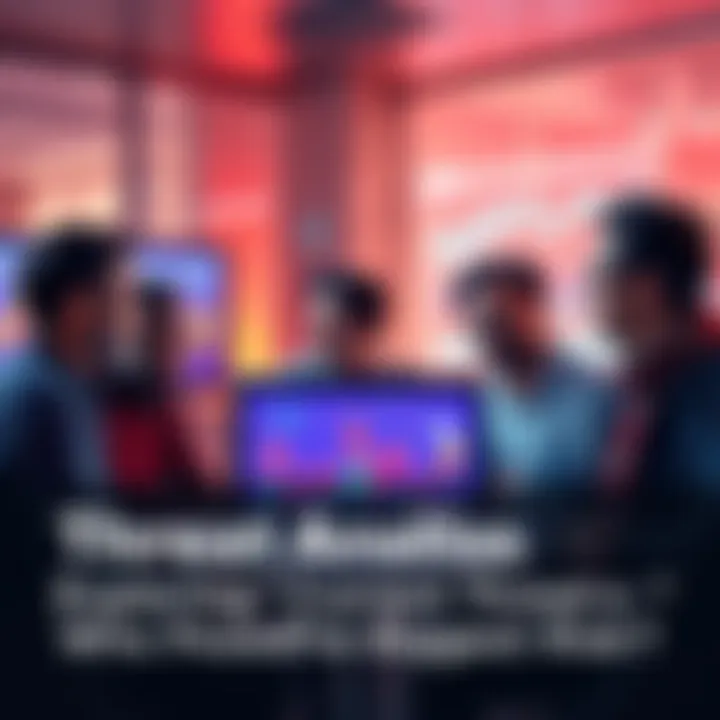 A group of diverse people discussing security threats in a modern setting, with charts and data displayed on screens.