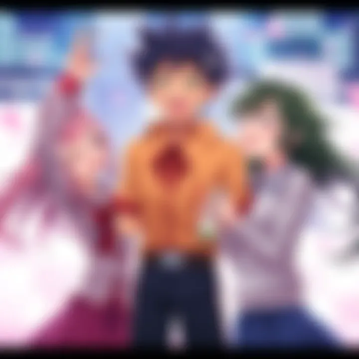 Three Anime Characters Excitedly Interacting Three popular anime characters engaging in a lively scene, showing excitement and camaraderie