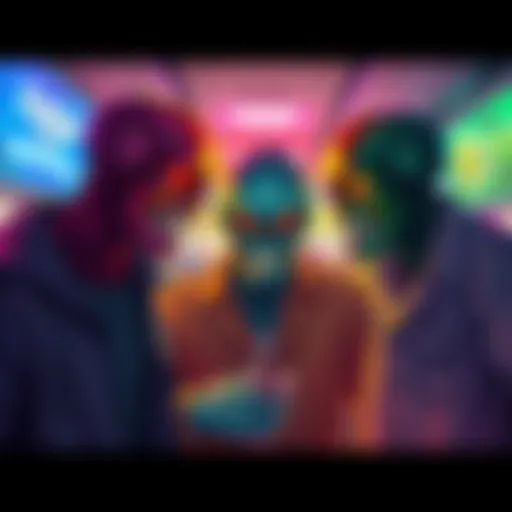 Illustration showing three distinct Holozombies reacting to a person in a vibrant environment, each displaying unique characteristics and behaviors