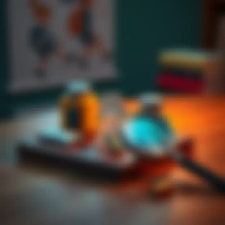 Three unidentified items placed on a wooden table with a magnifying glass nearby