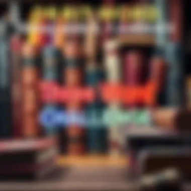 Colorful graphic showing three words representing Volumes 4, 5, and 6 with books in the background.