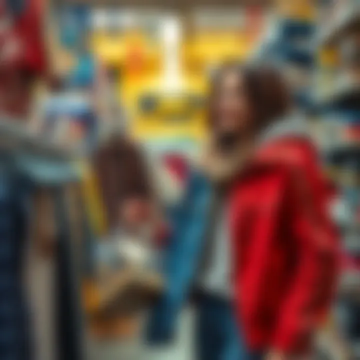 A shopper holding a vintage jacket and a rare collectible in a thrift store