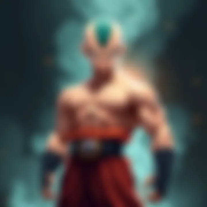 Tien stands confidently in a heroic pose, showcasing his muscular build and determined expression, symbolizing his growth from villain to hero.
