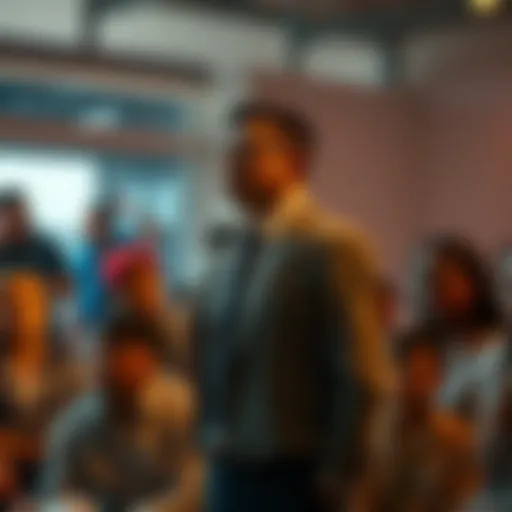 Tien standing in front of a crowd, sharing secrets and insights about community actions, people listening intently.