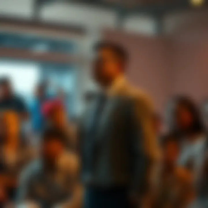 Tien standing in front of a crowd, sharing secrets and insights about community actions, people listening intently.