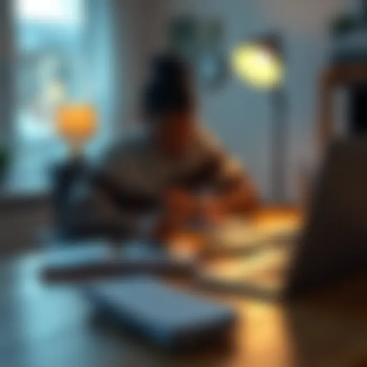 Person creating a tier list Individual sitting at a desk with a notepad and laptop, making a tier list to manage thoughts for better sleep.