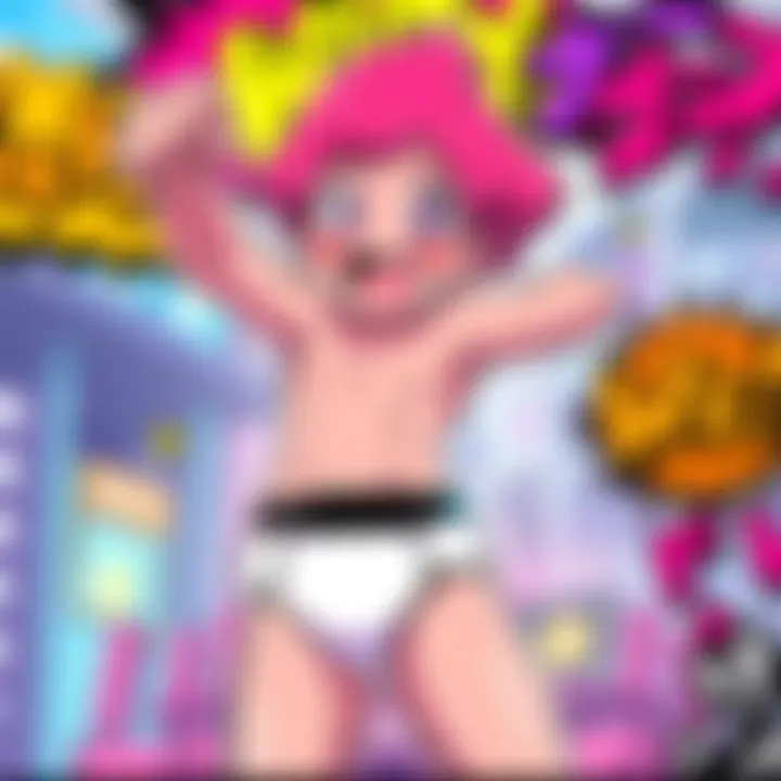 A colorful manga character dressed in tighty whities, striking a playful pose with a cheerful expression, surrounded by vibrant comic-style graphics.