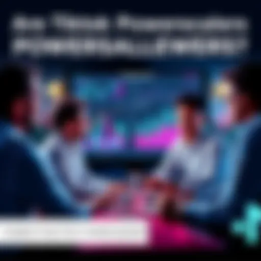 A group of professionals discussing TikTok powerscalers, with charts and graphs on a screen in the background, showcasing different strategies and opinions.