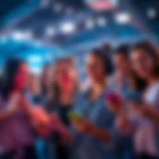 A group of young people participating in a TikTok dance challenge, smiling and engaged with their phones