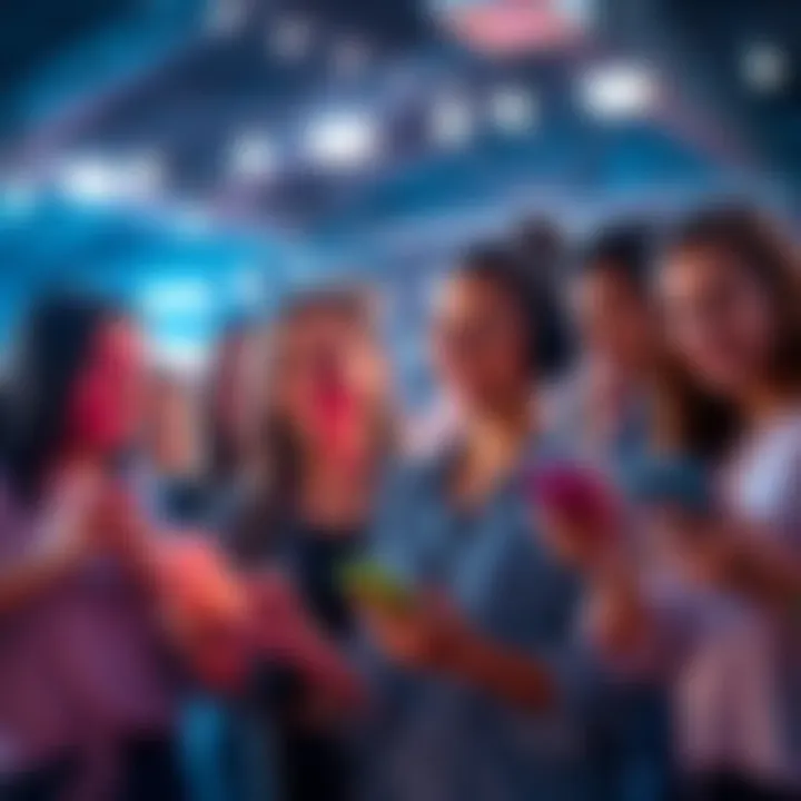 A group of young people participating in a TikTok dance challenge, smiling and engaged with their phones