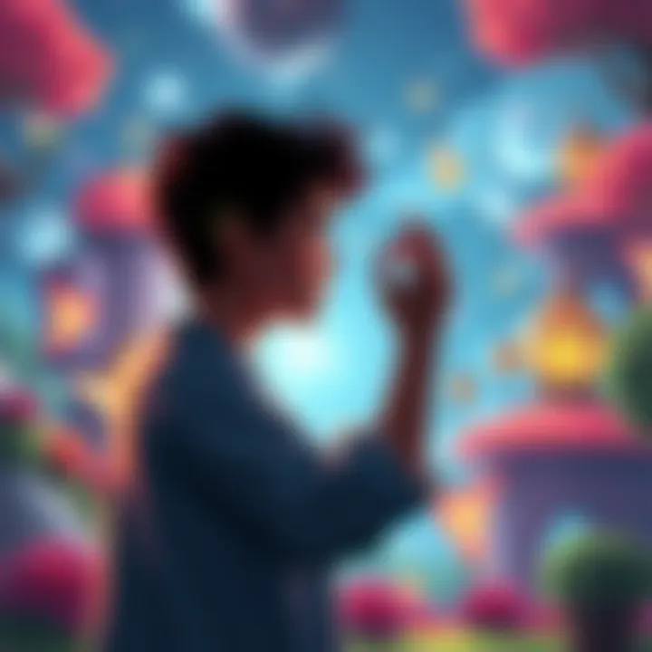 A person contemplating their experiences in a magical world, surrounded by vibrant scenery and whimsical elements.