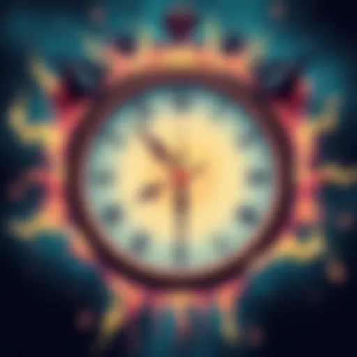 An illustration showing a clock with hands reversing direction and bright energy waves around it, symbolizing time manipulation.