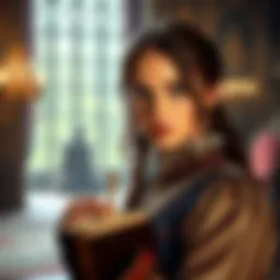 A timid noble girl looks nervous as she accepts a challenge from her cunning fiancé in a grand room
