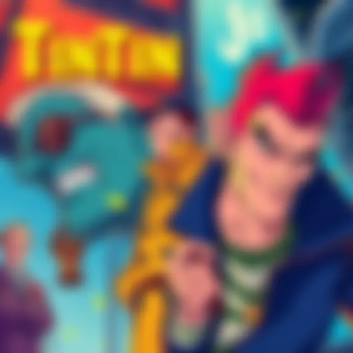 A colorful illustration featuring Tintin alongside a JoJo's Bizarre Adventure character, showcasing their unique styles in a shared scene.