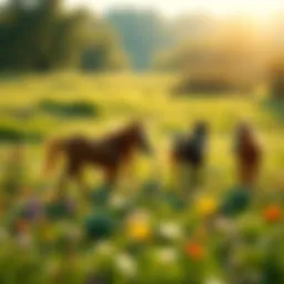 A group of small horses grazing peacefully in a green meadow, surrounded by flowers and sunlight, symbolizing joy and companionship.