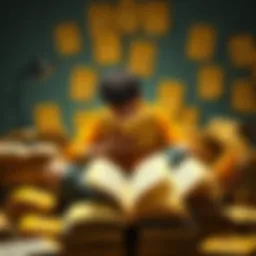 A person sits surrounded by open books, looking frustrated with yellow harem story covers.