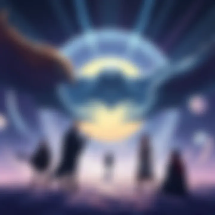 An illustration showing Eldians naming the Titans, with symbolic representations of each Titan in the background and Eldian characters discussing in the foreground.