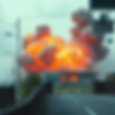 A dramatic depiction of Toei's controversial decision to bomb a man's house, showing an explosion in a residential area with Toei's logo in the background.