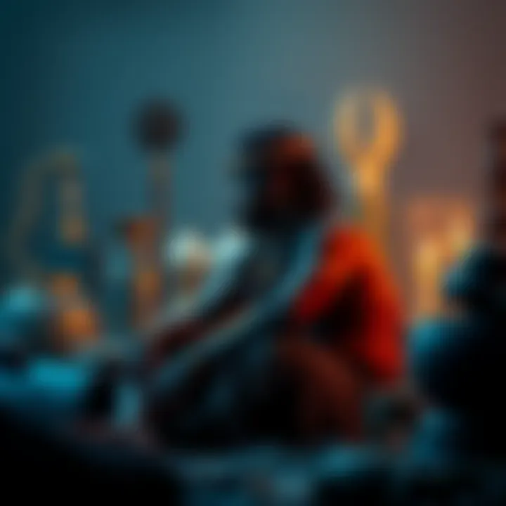 Togatoa sitting thoughtfully, surrounded by symbols of his community, contemplating his self-perception and beliefs