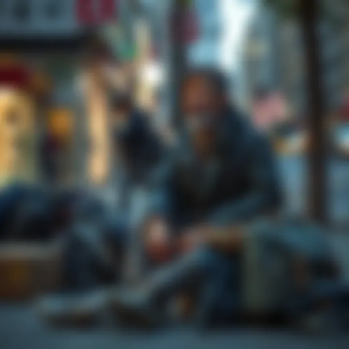 Toji, a homeless man, sits on a city sidewalk surrounded by his belongings, looking concerned about his future.