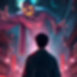 Toji stands frozen in shock as a supernatural figure hovers above him, smiling eerily.