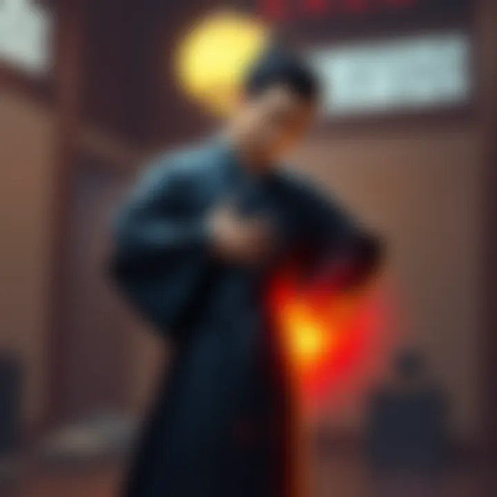 Toji with Cursed Spirit Toji standing confidently with his hand on his stomach, showing a faint glow to indicate a contained cursed spirit, in a training setting.
