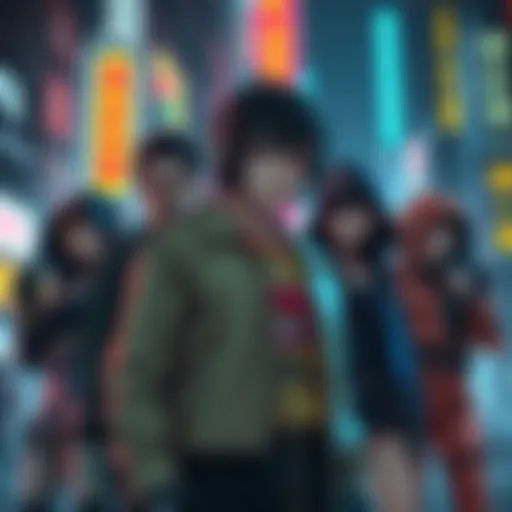 Tokyo Revengers characters reimagined in futuristic cyberpunk outfits, set against a neon-lit city background